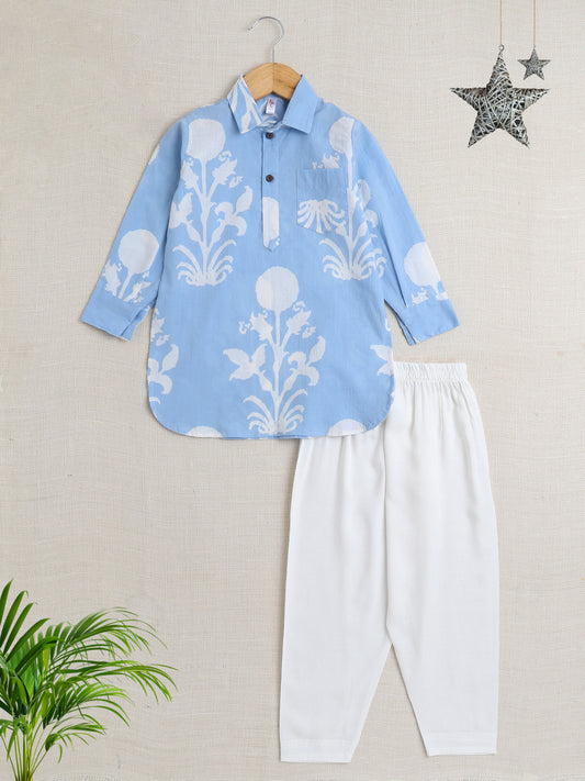 Full Sleeves Floral Print Kurta with Solid Pant - Blue