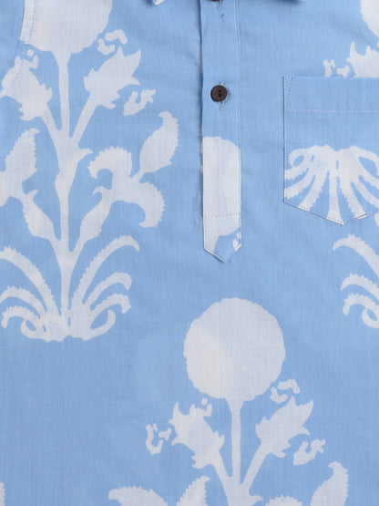 Full Sleeves Floral Print Kurta with Solid Pant - Blue