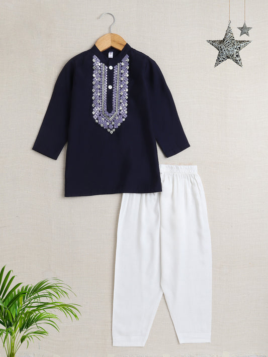 Full Sleeves Embroderied Kurta with Solid Pant Set- Navy Blue