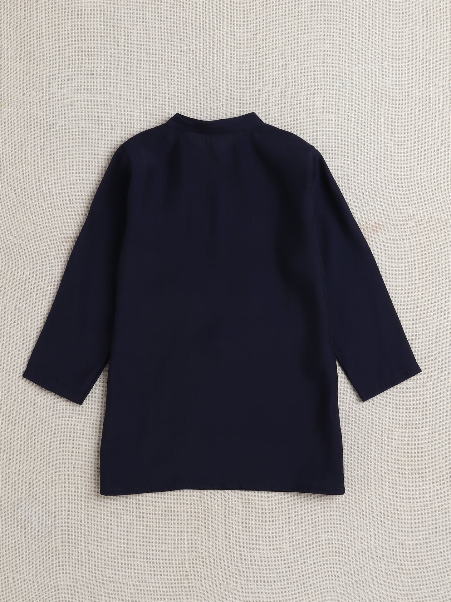 Full Sleeves Embroderied Kurta with Solid Pant Set- Navy Blue