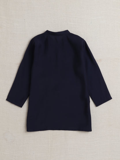 Full Sleeves Embroderied Kurta with Solid Pant Set- Navy Blue