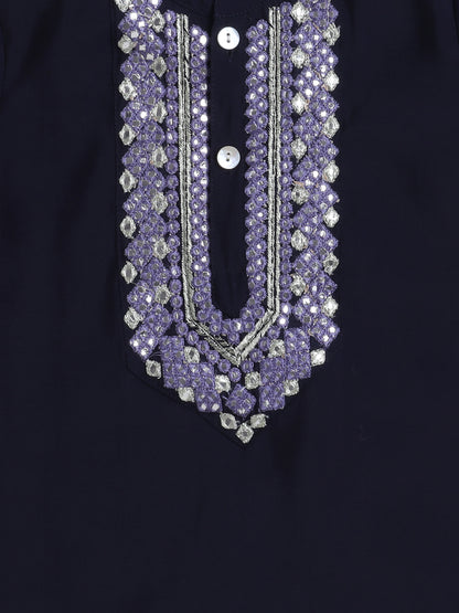 Full Sleeves Embroderied Kurta with Solid Pant Set- Navy Blue