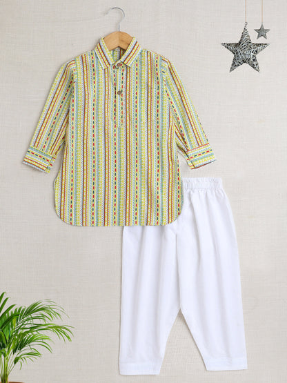 Full Sleeves Stripe Print Kurta Patiala Set- Green