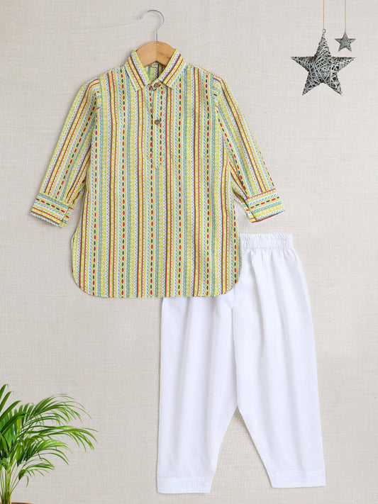 Full Sleeves Stripe Print Kurta Patiala Set- Green