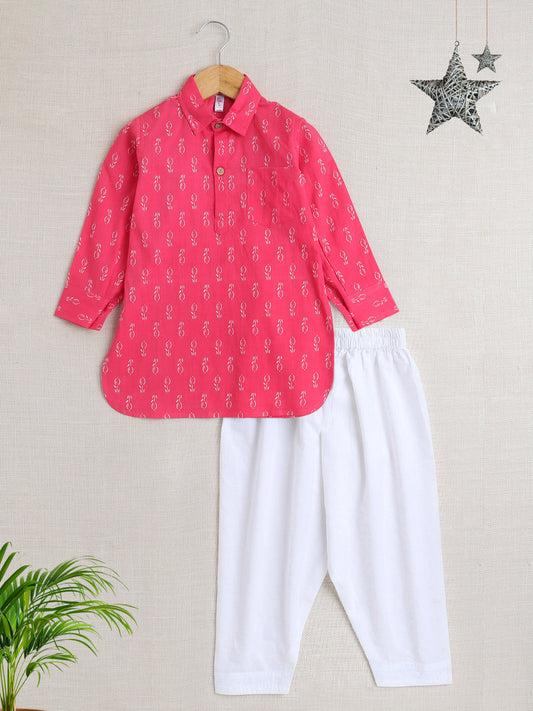 Full Sleeves All Over Print Kurta Pathani Set- Pink