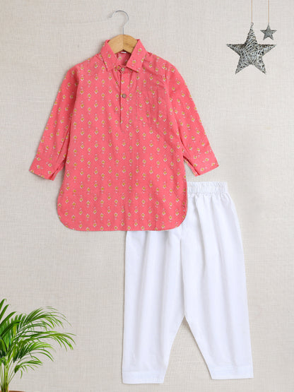 Full Sleeves All over Print Kurta Patiala Set- Pink