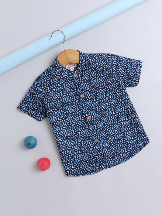 Half Sleeve Block Printed Shirt - Navy Blue