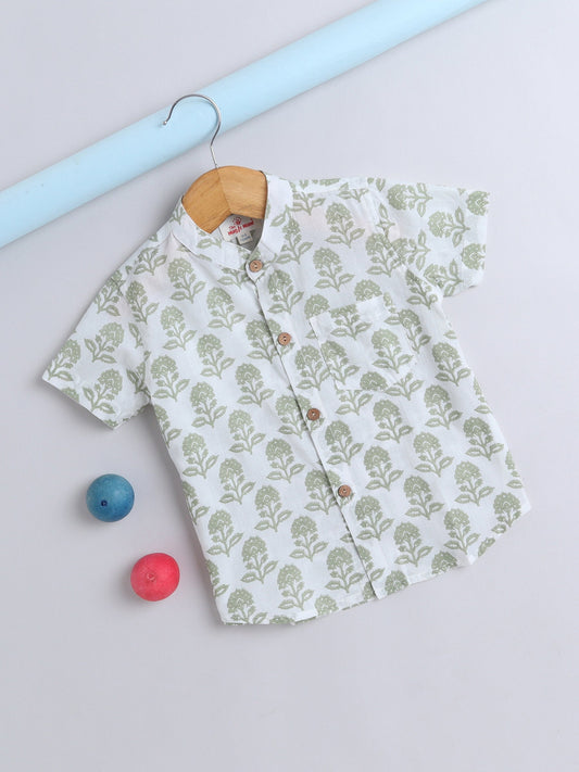 Half Sleeve Floral Motifs Printed Shirt - Green