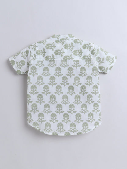 Half Sleeve Floral Motifs Printed Shirt - Green