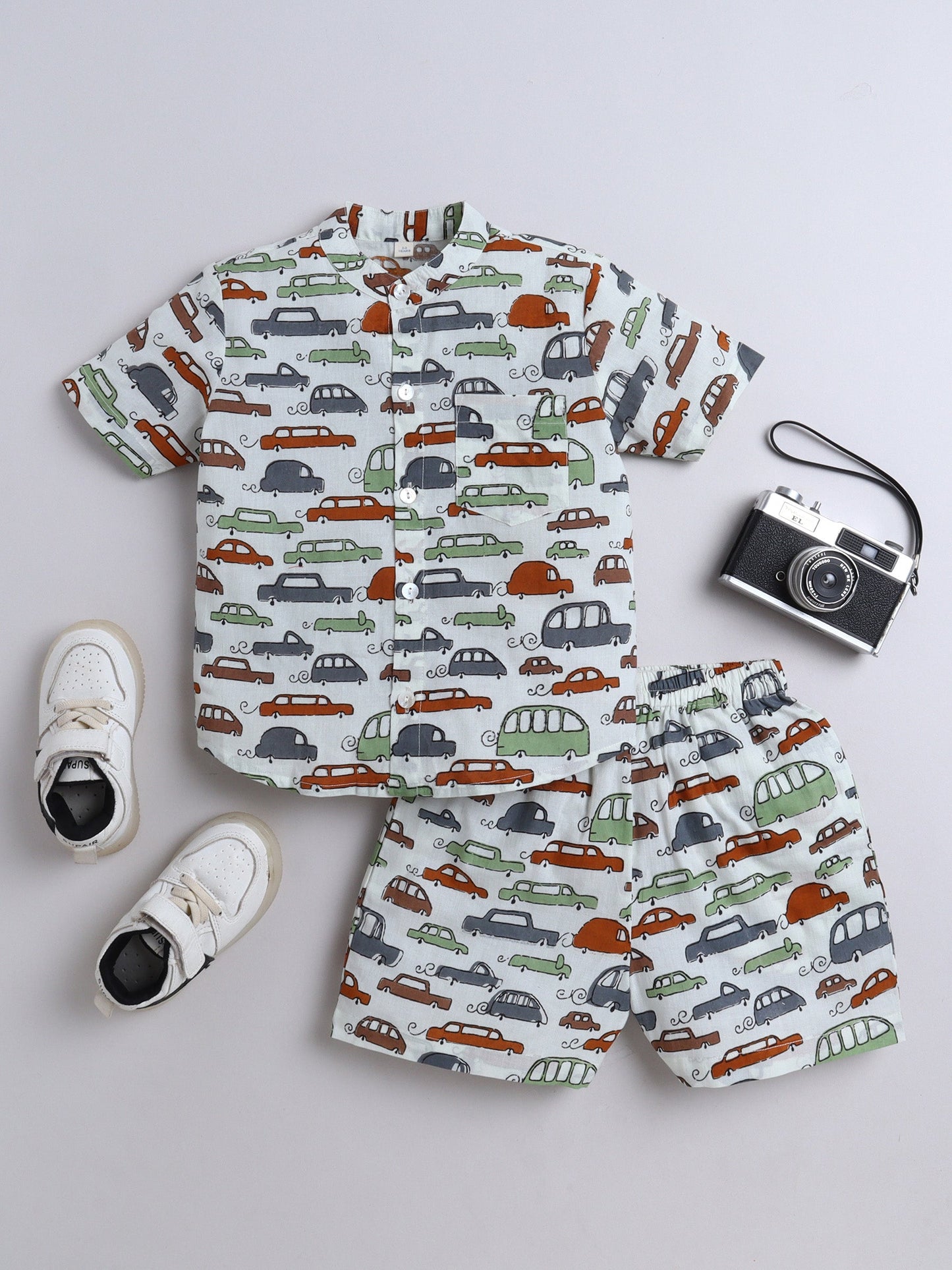 The Magic Wand Half Sleeves Cars Printed Shirt & Shorts Set- Multi Color