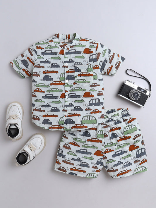 The Magic Wand Half Sleeves Cars Printed Shirt & Shorts Set- Multi Color