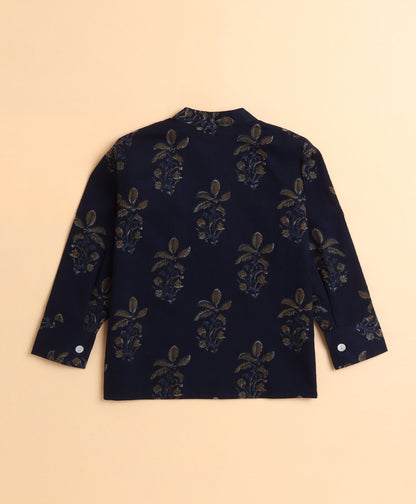 The Magic Wand Cotton Leaf Printed Full Sleeves Short Kurta-Navy Blue