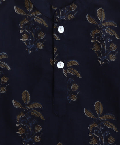 The Magic Wand Cotton Leaf Printed Full Sleeves Short Kurta-Navy Blue