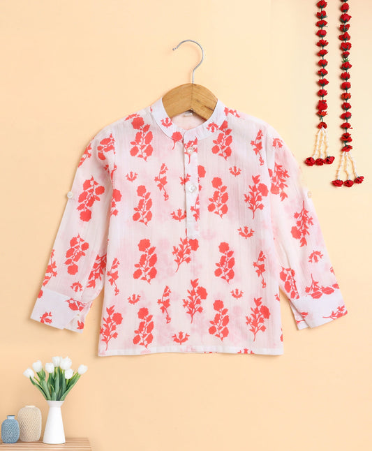 The Magic Wand Cotton Floral Printed Full Sleeves Short Kurta-Peach