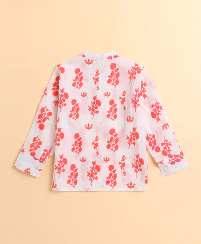 The Magic Wand Cotton Floral Printed Full Sleeves Short Kurta-Peach
