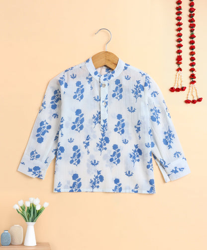 The Magic Wand Cotton Floral Printed Full Sleeves Short Kurta-Blue
