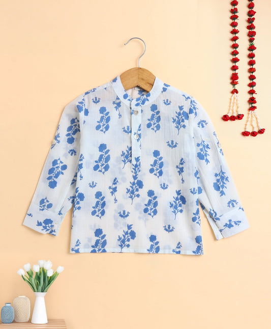The Magic Wand Cotton Floral Printed Full Sleeves Short Kurta-Blue