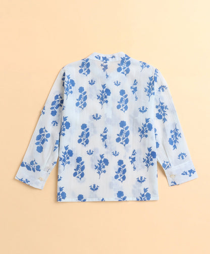 The Magic Wand Cotton Floral Printed Full Sleeves Short Kurta-Blue