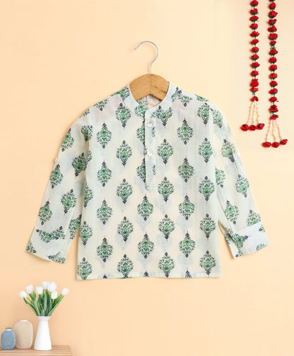 The Magic Wand Cotton Hand Block Printed Full Sleeves Short Kurta-Green