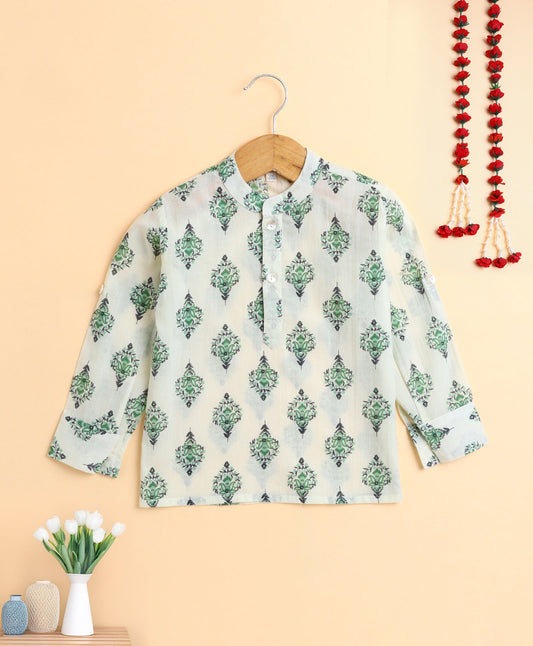 The Magic Wand Cotton Hand Block Printed Full Sleeves Short Kurta-Green