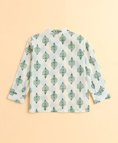 The Magic Wand Cotton Hand Block Printed Full Sleeves Short Kurta-Green