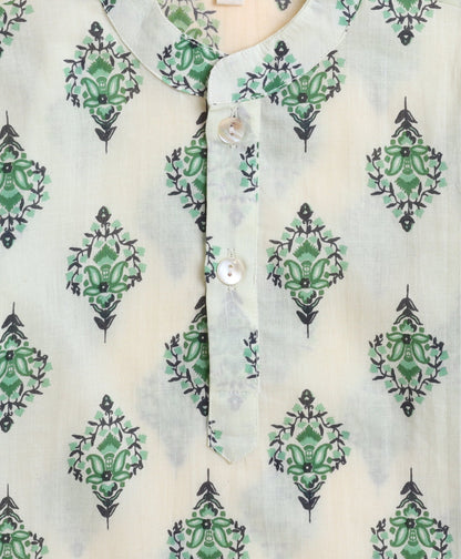 The Magic Wand Cotton Hand Block Printed Full Sleeves Short Kurta-Green