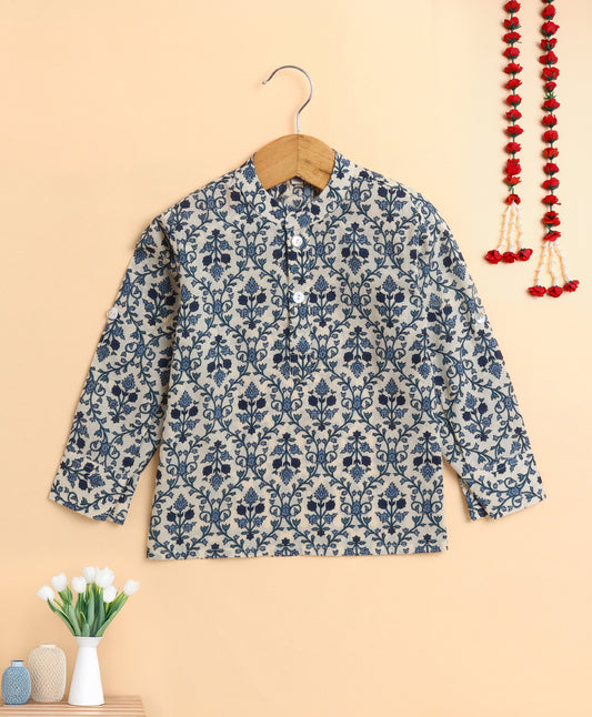 The Magic Wand Cotton Full Sleeves Floral Printed Short Kurta - Blue