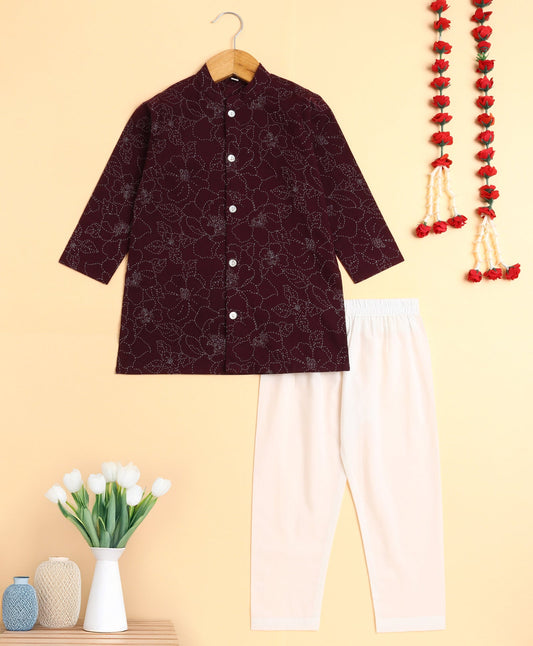 The Magic Wand Cotton Woven Full Sleeves Floral Printed Kurta and Pyjama Set- Wine