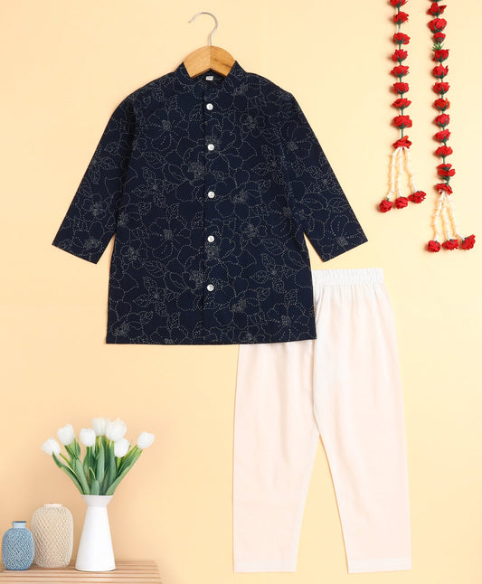 The Magic Wand Cotton Woven Full Sleeves Floral Printed Kurta and Pyjama Set- Blue
