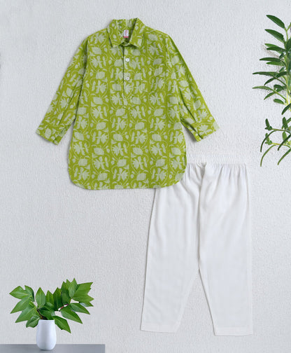 The-Magic-Wand-Cotton-Woven-Full-Sleeves-Floral-Printed-Kurta-and-Pyjama-Set---Green