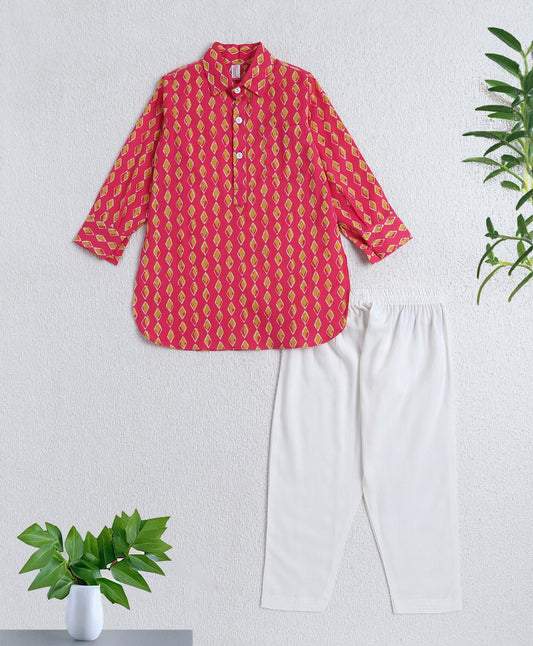The-Magic-Wand-Cotton-Woven-Full-Sleeves-Ikat-Printed-Kurta-and-Pyjama-Set---Orange-