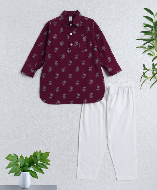 The-Magic-Wand-Cotton-Woven-Full-Sleeves-Floral-Printed-Kurta-and-Pyjama-Set---Wine