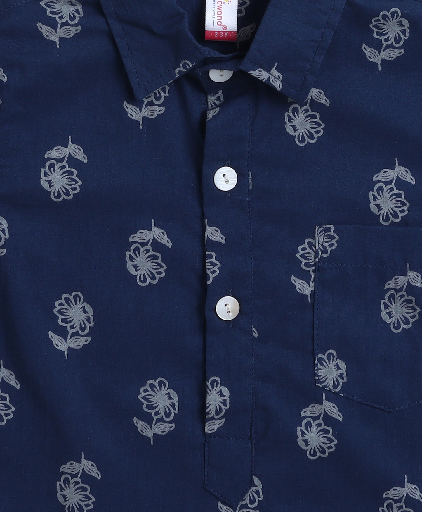 Cotton Woven Full Sleeves Floral Printed Kurta and Pyjama Set - Navy Blue