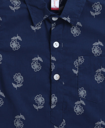 Cotton Woven Full Sleeves Floral Printed Kurta and Pyjama Set - Navy Blue