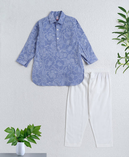 Cotton Woven Full Sleeves Floral Printed Kurta and Pyjama Set - Lavander
