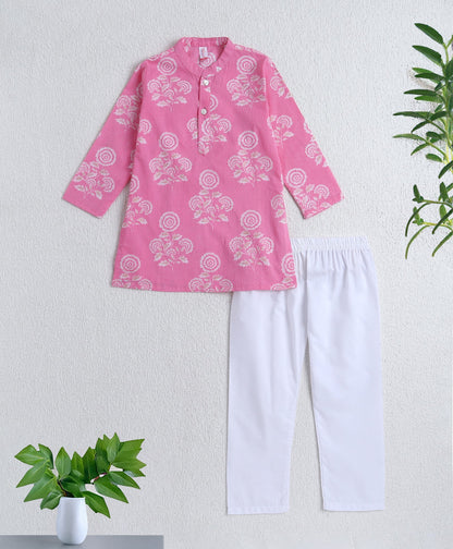 Cotton Woven Full Sleeves Floral Printed Kurta and Pyjama Set - Pink