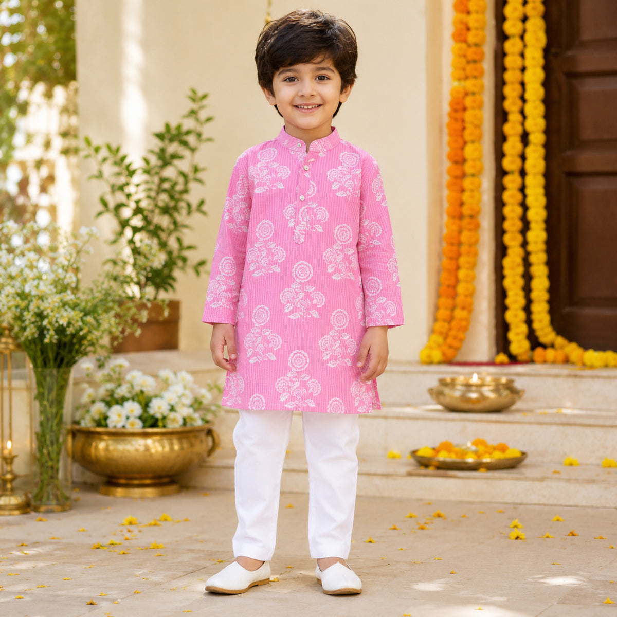 Cotton Woven Full Sleeves Floral Printed Kurta and Pyjama Set - Pink