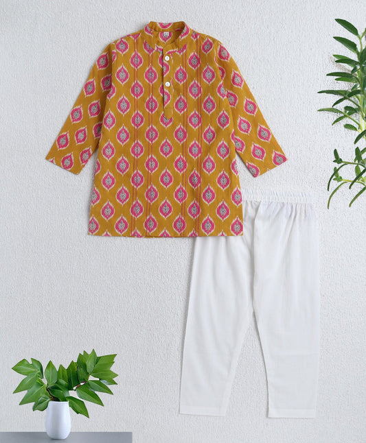 Cotton Woven Full Sleeves Ikat Printed Kurta and Pyjama Set - Mustard