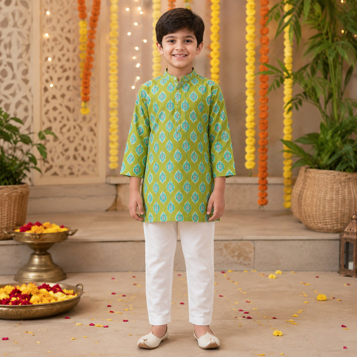 Cotton Woven Full Sleeves Ikat Printed Kurta and Pyjama Set - Green