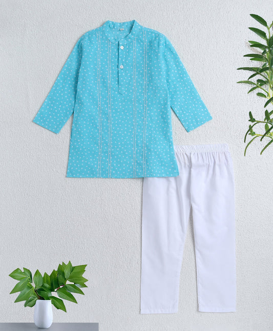 Cotton Woven Full Sleeves Polka Dot Printed Kurta and Pyjama Set- Blue