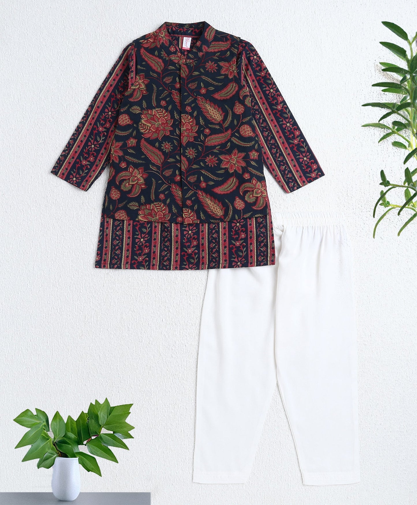 Cotton Woven Full Sleeves All Over Printed Kurta and Pyjama Set With Jacket- Navy Blue