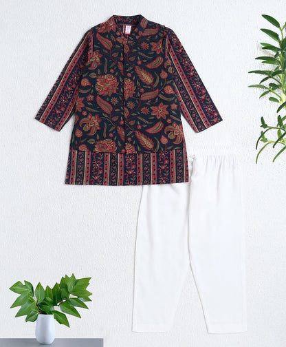Cotton Woven Full Sleeves All Over Printed Kurta and Pyjama Set With Jacket- Navy Blue