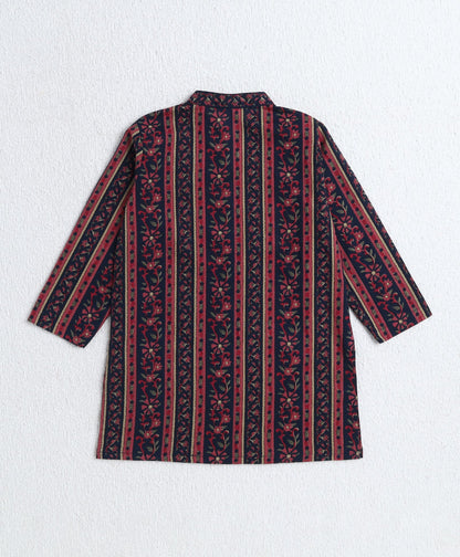 Cotton Woven Full Sleeves All Over Printed Kurta and Pyjama Set With Jacket- Navy Blue
