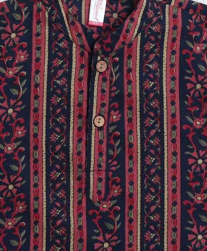 Cotton Woven Full Sleeves All Over Printed Kurta and Pyjama Set With Jacket- Navy Blue