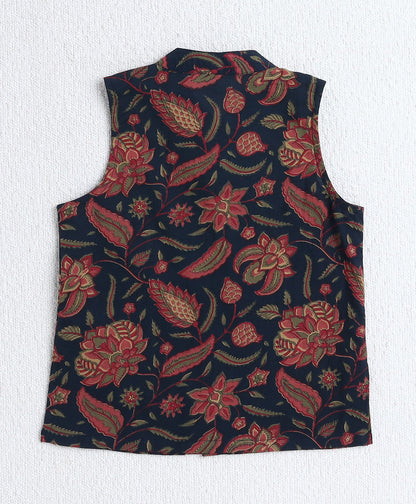 Cotton Woven Full Sleeves All Over Printed Kurta and Pyjama Set With Jacket- Navy Blue