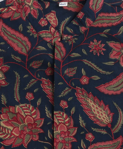 Cotton Woven Full Sleeves All Over Printed Kurta and Pyjama Set With Jacket- Navy Blue