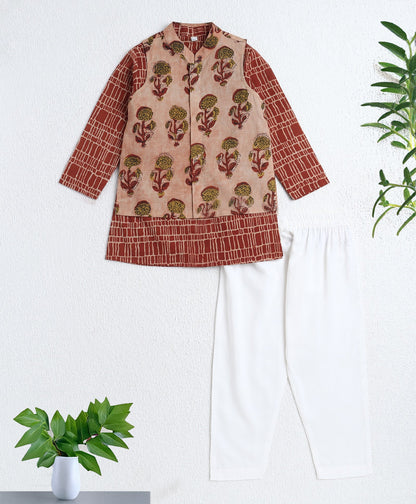 Cotton Woven Full Sleeves AII Over Printed Kurta and Pyjama Set with Jacket- Rust
