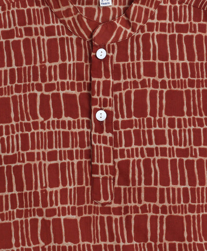 The Magic Wand Cotton Woven Full Sleeves AII Over Printed Kurta and Pyjama Set with Jacket- Rust