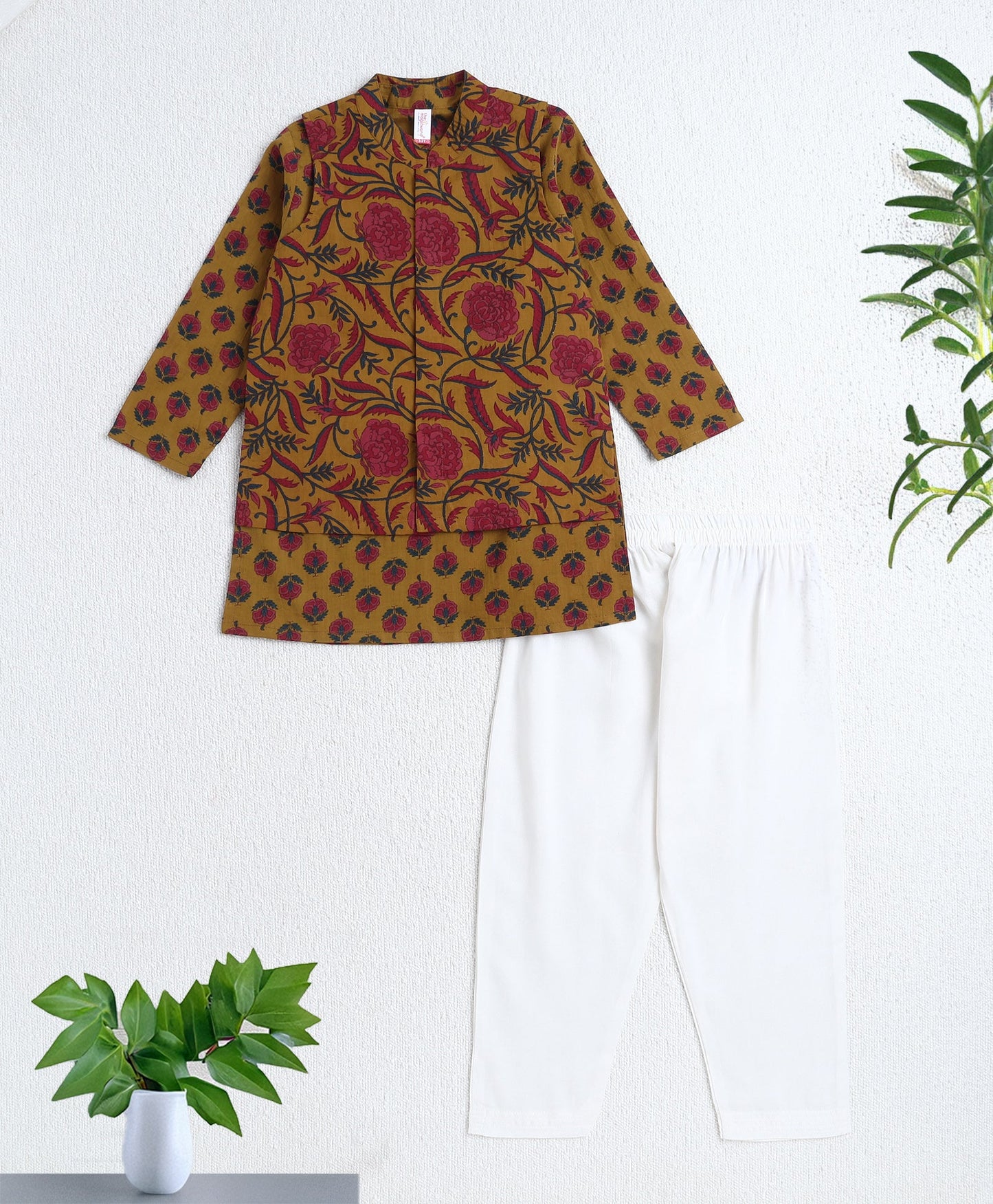 Cotton Woven Full Sleeves AII Over Printed Kurta and Pyjama Set with Jacket- Yellow