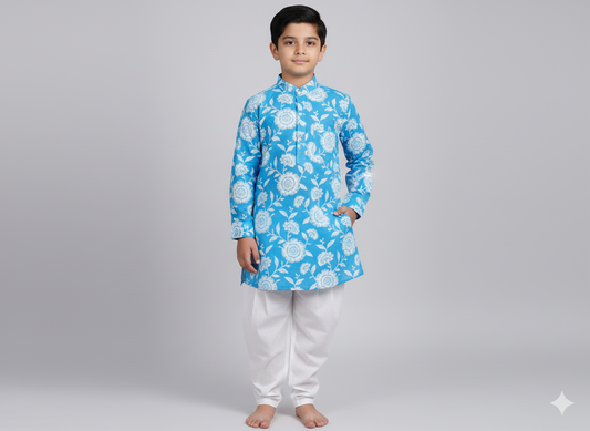 The Magic Wand Cotton Woven Floral Kurta and Pathani Set - Blue